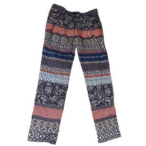 Bogner Pants Womens 8 Straight Blue Cotton Crepe Boho Floral Patchwork Trousers